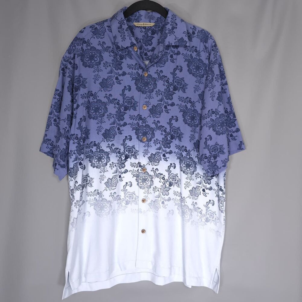 TOMMY BAHAMA Silk Blend‎ Floral Hawaiian Shirt Blue Ombre MEDIUM Button Front